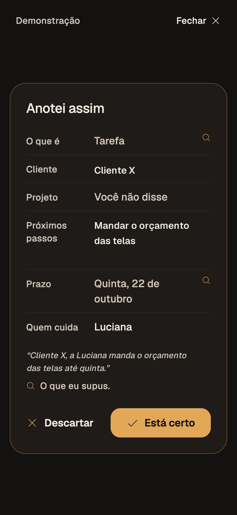 Cartão Anotei assim com os campos da fala