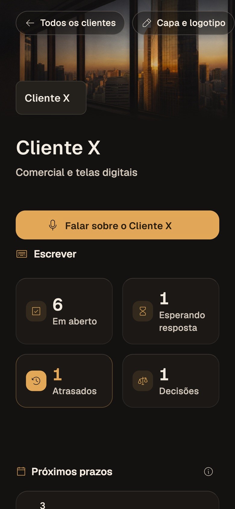 Página de um cliente com o que está em aberto, esperando resposta e atrasado